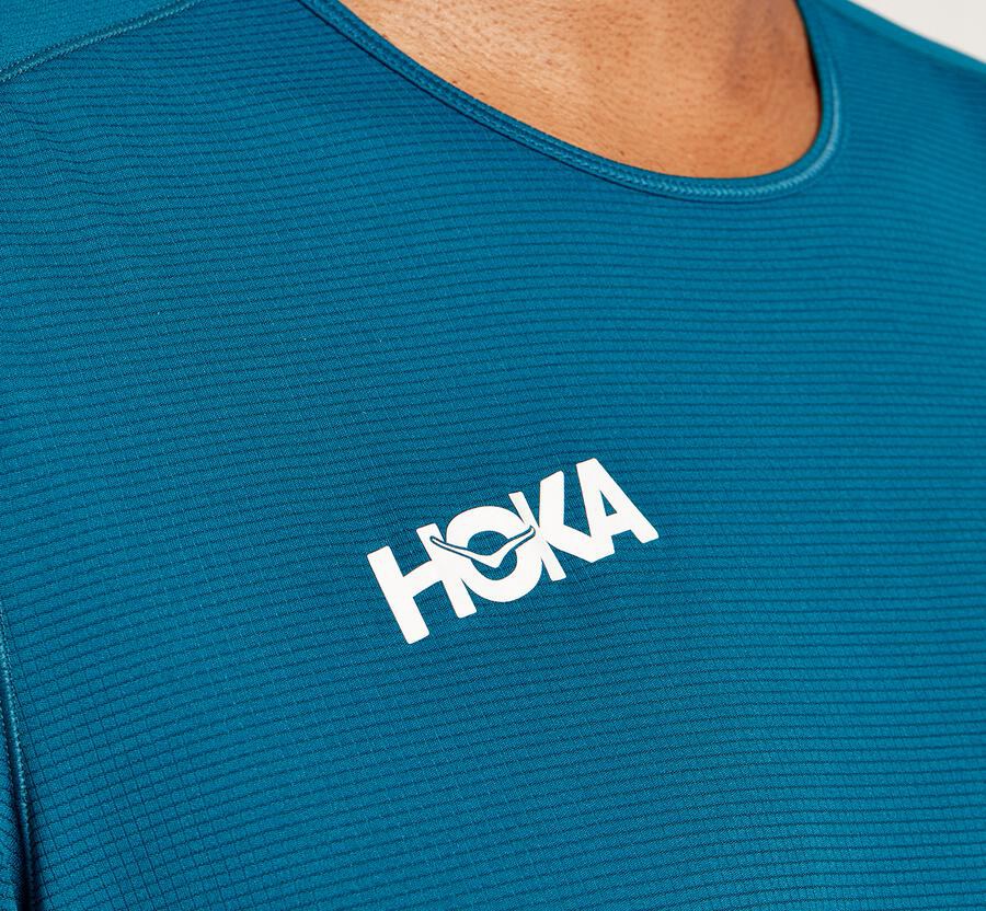 Top Hoka One One Hombre Azules - Performance Short Sleeve - IPXD35281